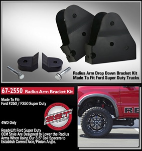 2005-2015 FORD F250/350 4WD RADIUS ARM BRACKETS AND 1.5" LIFT LOWER SPRING SPACER -- 67-2550